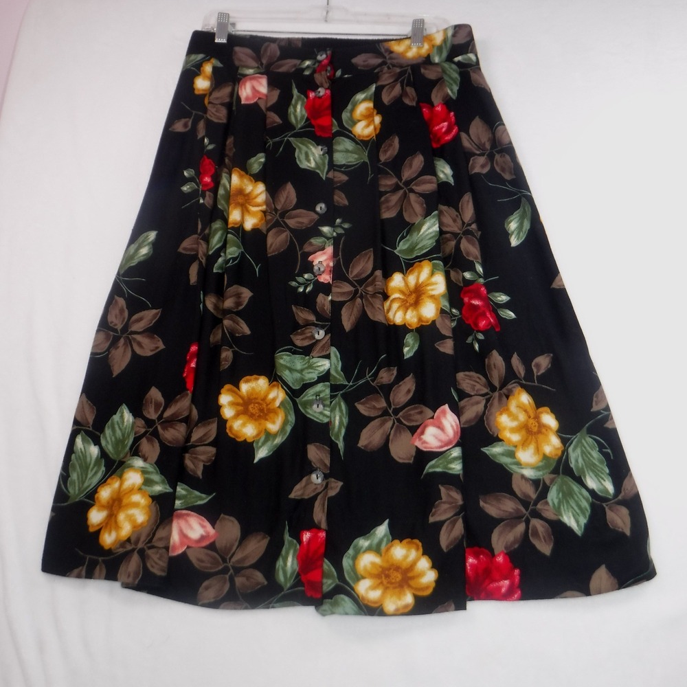 Vintage Kathie Lee Floral Midi Skirt Black Button Front Rayon Blend 18W Made USA